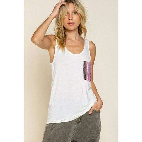 POL Tops - POL CLOTHING Ivory Hem Tank Top Front Tribal Pocket Sarape Detail Summer Spring